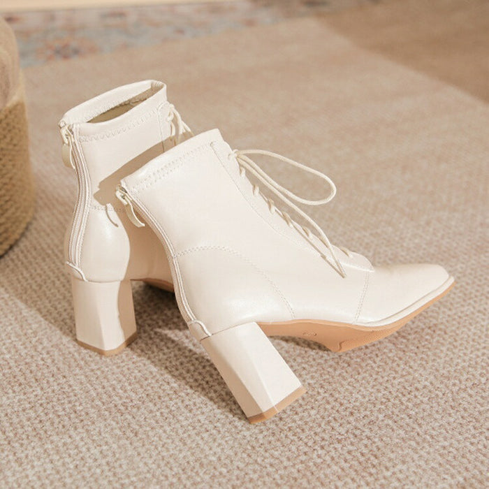 【7日内出荷】【7cmヒール】 ハイカット ショートブーツ レディース レースアップ ブーツ 編み上げ 太ヒール ファスナー付き 靴 女生 美脚 PU 無地 痛くない 履きやすい 歩きやすい 軽量 シンプル カジュアル 通勤 通学 おしゃれ 靴 袴 秋 きれいめ 女性 大人 寒さ対策 冬用 旅行 冬 発表会