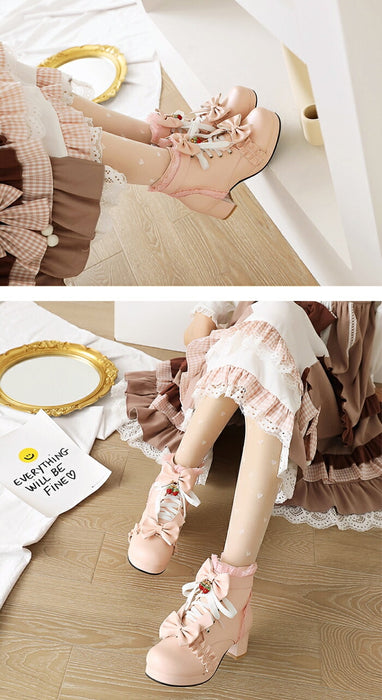 【5cmヒール】ロリータ ブーツ 厚底ブーツ レディース キッズ 子供 靴 ショート丈 編み上げブーツ お姫様 お嬢様 ロリィタ いちご リボン レース  太ヒール 歩きやすい 痛くない サイドジップ かわいい 七五三 コスプレ お茶会 発表会 黒 白 秋冬