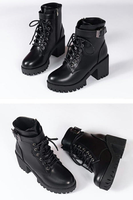 【7.5CMヒール】ブーツ レディース ショートブーツ レースアップブーツ 編み上げブーツ サイドジップ ベルト 厚底 秋ブーツ 歩きやすい 痛くない 太ヒール チャンキーヒール 防寒 通勤 通学 学生 カジュアル 大きいサイズ 秋冬 黒 ブラック