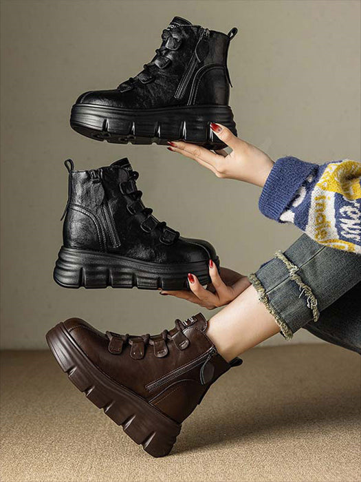 【7日内出荷】ショートブーツ レディース ブーツ 厚底 サイドジップ レースアップブーツ 秋ブーツ カジュアル 日常 通勤 美脚 おしゃれ 痛くない 履きやすい 柔らかい 幅広 ゆったり ラウンドトゥ きれいめ シンプル 大人気 クール 春夏秋冬 韓国 仕事 PU 合皮 原宿系 細見え 黒 ブラウン