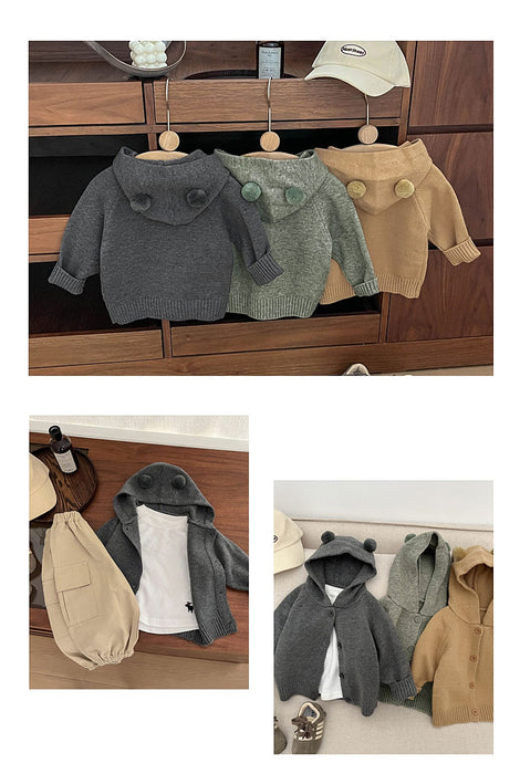 【7日内出荷】ベビー カーディガン 赤ちゃん 子供 ジャケット ニット かわいい クマ耳 フード付き 着ぐるみ 長袖 キッズ 女の子 男の子 秋冬 編み物 セーター 重ね着 パーカー 出産祝い ギフト プレゼント 防寒 羽織 お出かけ おしゃれ アウター