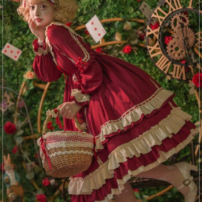 【7日内出荷】ロリータ ドレス ゴスロリ＆ロリータ服 長袖 ワンピース 膝丈 ミモレ丈 ロング ロリィタ服 マリン風 お姫様 ドレス 裾フリル レース リボン 可愛い ハイウエスト 学園祭 イベント コスプレ衣装 コスチュームレディース 大人 春秋冬 S M L XLワインレッド ネイビー