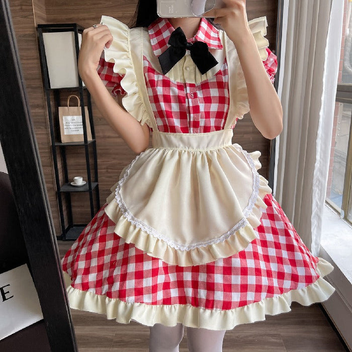 【7日内出荷】4点セット　チェックメイド服 ミニ丈 メイド喫茶 メイドコスチューム ジャパニーズメイド ミニスカ ハロウィン 衣装 仮装 パーティ コスプレ フルセット 可愛い 萌え