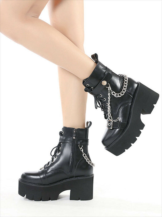 【7日内出荷】厚底 パンク風 ショートブーツ レディース ブーツ 太ヒール レースアップブーツ ヒール7.5cm 靴 編み上げブーツ カジュアル 日常 通勤 おしゃれ 痛くない 履きやすい 柔らかい ゆったり ダンスシューズ ラウンドトゥ きれいめ 人気 クール 大人 韓国 仕事 PU 合皮 細見え 黒