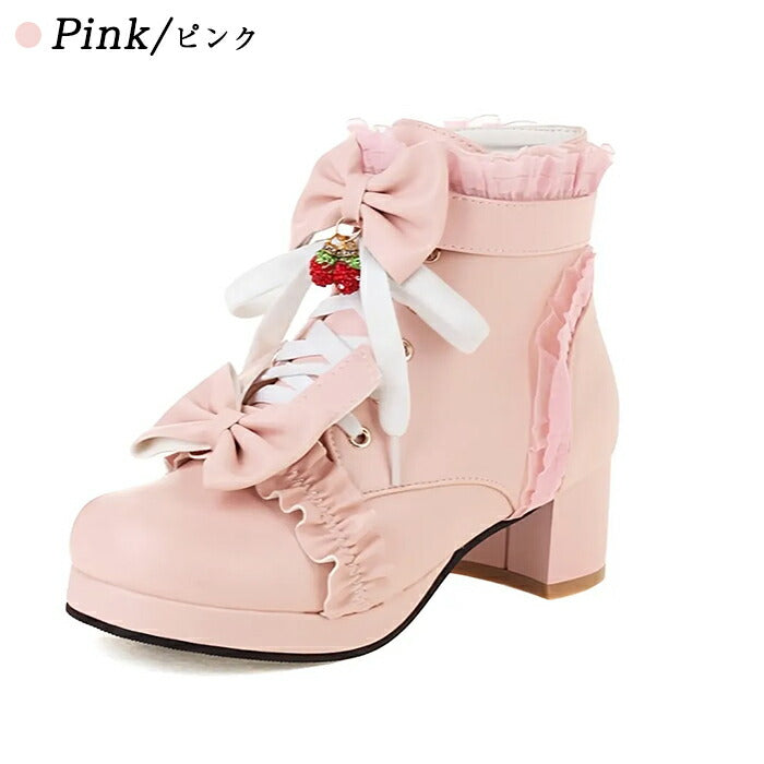 【5cmヒール】ロリータ ブーツ 厚底ブーツ レディース キッズ 子供 靴 ショート丈 編み上げブーツ お姫様 お嬢様 ロリィタ いちご リボン レース  太ヒール 歩きやすい 痛くない サイドジップ かわいい 七五三 コスプレ お茶会 発表会 黒 白 秋冬