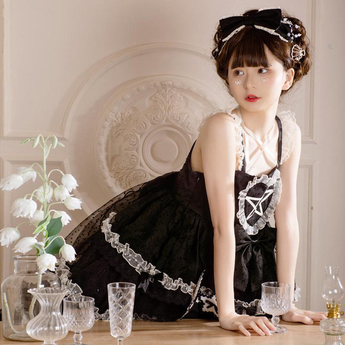 【7日内出荷】ロリータキャミワンピース ロリータドレス lolita キャミワンピース 袖なし 甘ロリ jsk デザインスカート リボン フリル 原宿 ガーリー 可愛い 春 夏