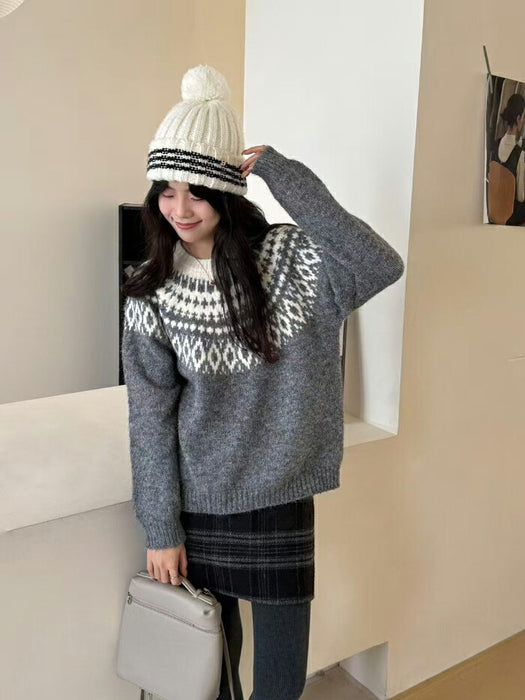 【7日内出荷】ニット セーター レディース ノルディック フェアアイル 求心柄 秋冬 トップス ジャガード プルオーバー 長袖 クルーネック 幾何学柄 レトロ きれいめ カジュアル 大人可愛い ゆったり 体型カバー 防寒 厚手 クリスマス デート服 通勤 通学