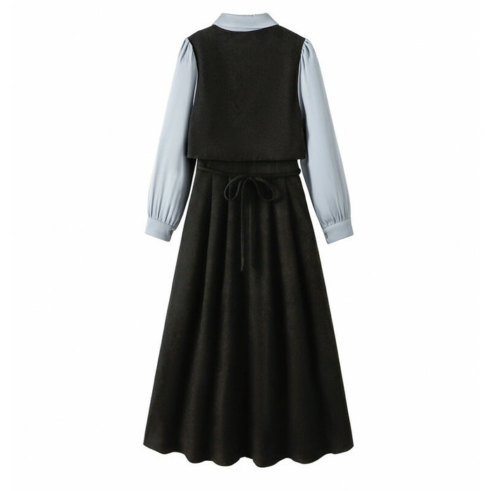 【7日内出荷】ワンピース ロングワンピース 切り替えワンピース Aライン ワンピ ロングワンピ ロング マキシワンピース 襟 無地 きれいめ シンプル マキシ レイヤード風 長袖 大きいサイズ 襟付き重ね着風 秋 冬