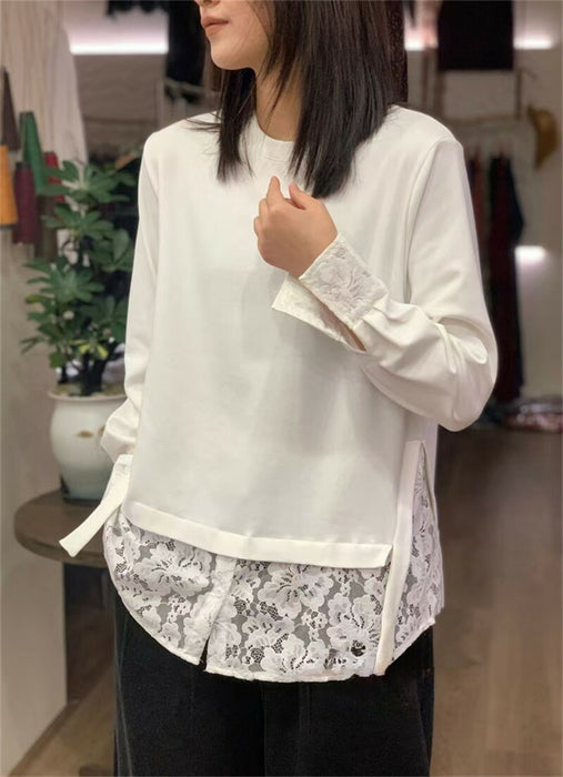 【7日内出荷】レイヤード ロンT レース 袖 裾 レースインナー トップス レディース レース レイヤードトップス 長袖 Tシャツ カットソー インナー チュニック 無地 透け 肌着 重ね着 きれいめ 大きいサイズ 体型カバー お尻が隠れる 厚手 白 黒 秋 冬