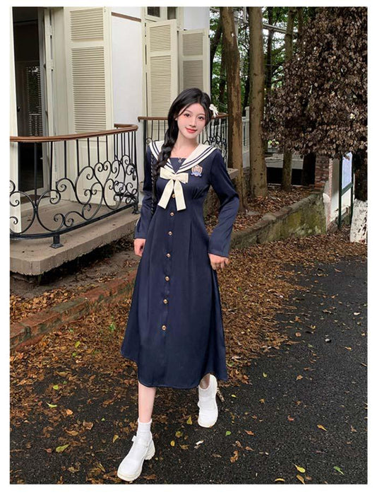 【7日内出荷】【L-4XL】長袖 ワンピース 制服 JK服 女子高生 スクールウェア 学園祭 文化祭 ラージサイズ  Aライン レディース 春 秋制服 学院風 ロリータ 可愛い ネイビー コスプレ ハロウィン