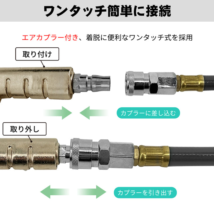 RAKU ソフトエアホース エアーホース 10M 15M 内径9.5x外径15mm 最高使用圧力約２．５MPa 軽い 柔らかい エアカプラー付きPVC素材 軽い産業ニーズに対応 耐熱・耐磨耗・耐油 着装カプラー１/4’ ’NPT