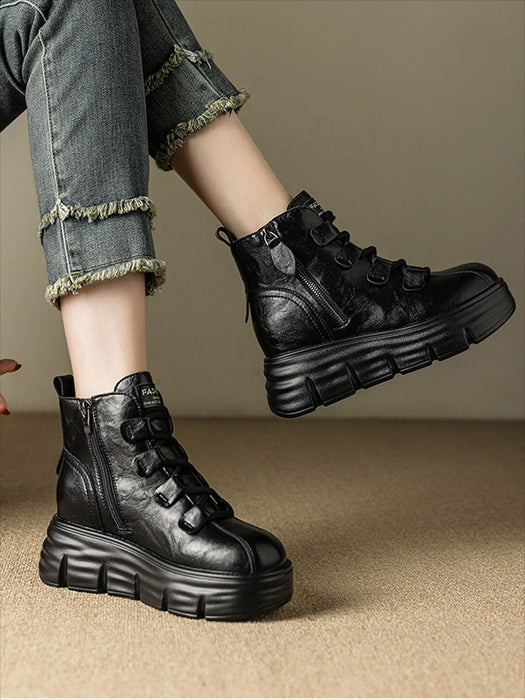 【7日内出荷】ショートブーツ レディース ブーツ 厚底 サイドジップ レースアップブーツ 秋ブーツ カジュアル 日常 通勤 美脚 おしゃれ 痛くない 履きやすい 柔らかい 幅広 ゆったり ラウンドトゥ きれいめ シンプル 大人気 クール 春夏秋冬 韓国 仕事 PU 合皮 原宿系 細見え 黒 ブラウン