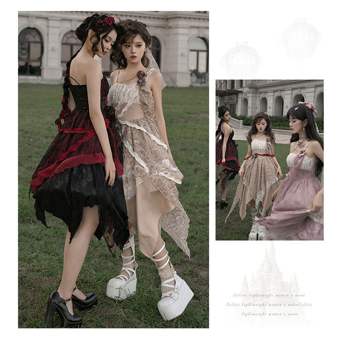 【7日内出荷】3点セット ロリータワンピース キャミワンピース ロリータ衣装 lolita jsk 全3色 不規則裾 付け袖付き 甘ロリ レース 原宿 可愛い ガーリー 春秋 S/M/L