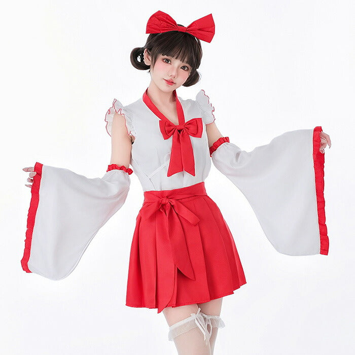 【7日内出荷】【5点セット】赤スカート 巫女 リボン コスプレ 衣装 巫女コスプレ 和服 着物 花魁 メイド服 ハロウィン衣装 ハロウィンコスプレ ハロウィン仮装 仮装 衣装 セクシー レディース 大人 女性用 こすぷれ コス 振袖 白 赤 可愛い