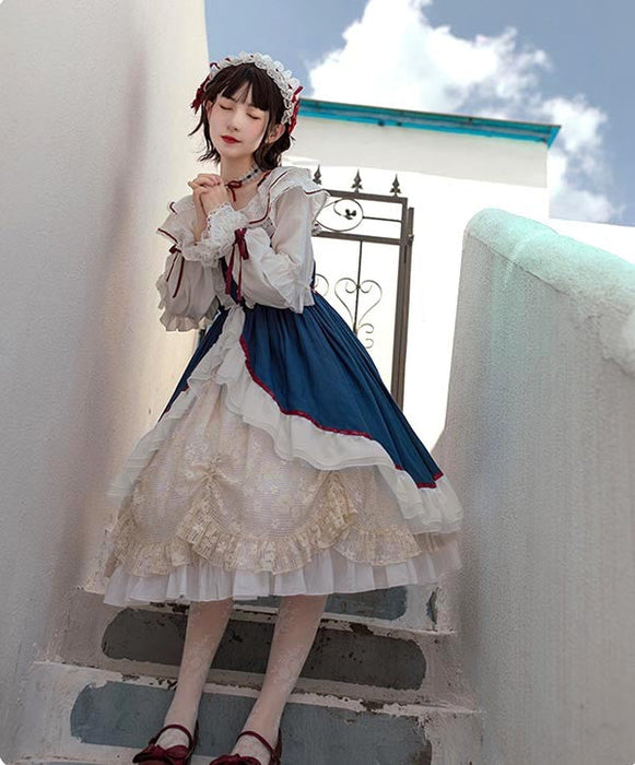 【7日内出荷】 ロリータ 森ガール ワンピース Aライン Lolita 2way オフショルダー 長袖 レース フリル 半袖 萌え萌え 可愛い かわいい プリンセス お姫様 プレゼント ミモレ丈 レディース ロココ コスチューム 仮装 ハロウィン 学園祭 文化祭 ベージュ ネイビー