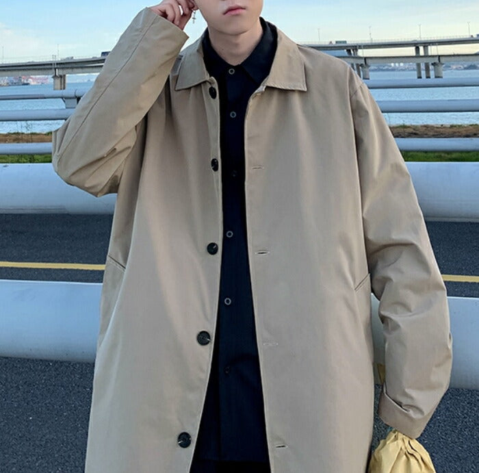 【S-3XL】ステンカラーコート メンズ  コート スプリングコート オーバーサイズ ビッグシルエット ゆったり 薄手 ライトアウター ロングコート ビジネス カジュアル 通勤 通学 シンプル 無地 韓国 おしゃれ 春 秋 服 黒 ベージュ 大きいサイズ