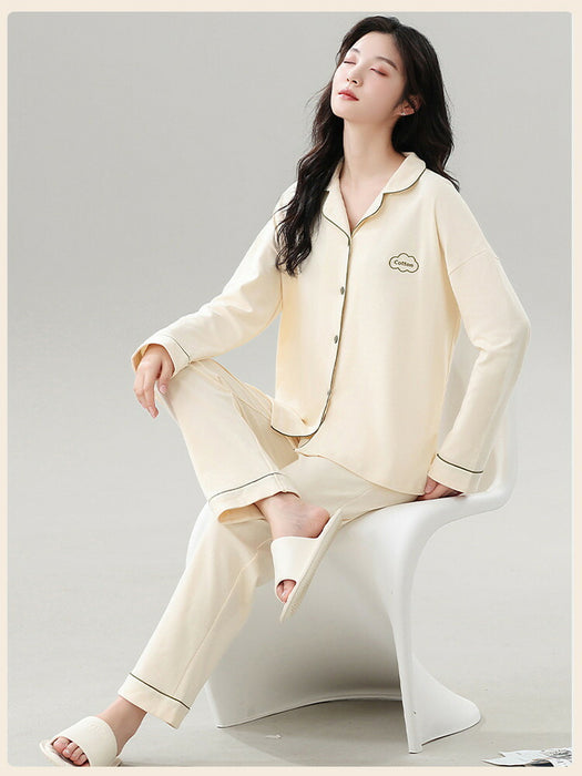 【7日内出荷】【2点セット】 ペア パジャマ レディース メンズ カップル ペアルック ルームウェア 上下セット 杏色 青色 綿100% コットン 長袖 寝巻き 部屋着 男性 女性 大人 おしゃれ ゆったり 春秋 春夏 秋冬 外出用 入院 上品 前開き 折り襟 ポケット付き 長ズボン ゴムウエスト