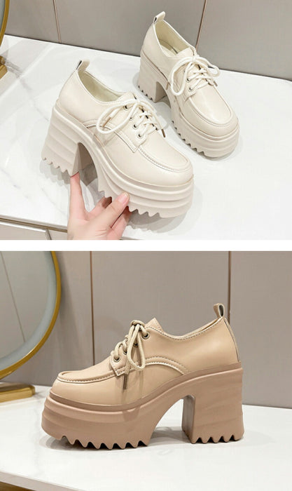 【7日内出荷】【10cmヒール】オックスフォードシューズ 厚底シューズ レディース 厚底 チャンキーヒール 太ヒール Uチップ 革靴 レザー 合皮 シャーク 歩きやすい 疲れにくい 美脚 脚長 おしゃれ 学生 通学 通勤 黒 オフホワイト ベージュ 秋冬 シューズ