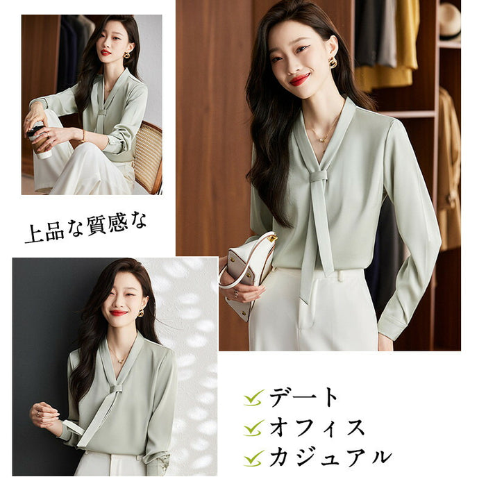 【7日内出荷】ブラウス レディース オフィス ボウタイ スカーフタイ リボンタイ Vネック スーツ カットソー きれいめ 長袖 シフォン 白ブラウス 白シャツ インナー トップス オフィスカジュアル シワになりにくい イージーケア 春 夏