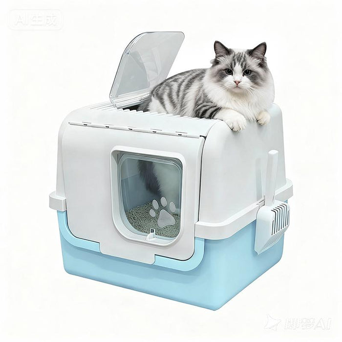 RAKU 猫トイレ ネコトイレ ダブル脱臭 砂の飛び散り防止 2WAY出入り方法 35*42*33.5cm 掃除しやすい スコップ付 大容量 優れた耐久性 猫用トイレ 上から猫トイレ