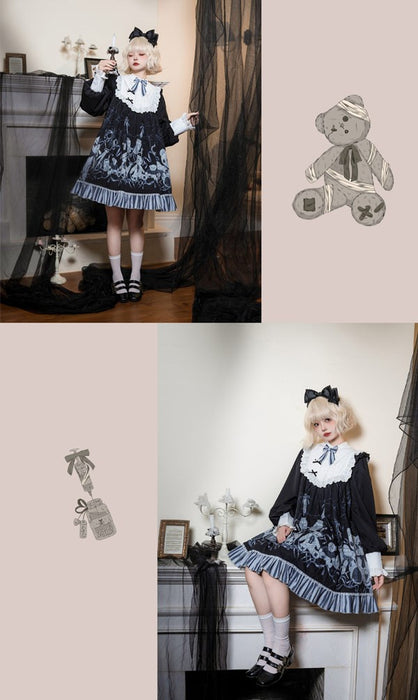【7日内出荷】ワンピース ロリータ ハロウィン テディベア柄 ショート丈 ミニ レディース 長袖 ゴスロリ ゴシック 秋冬 暗黒風 リボン レー フリル ロリータワンピース コスチューム コスプレ 衣装 可愛い 仮装 パーティー イベント 文化祭 ブラック 黒 S M L