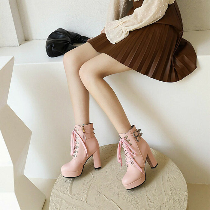 【7日内出荷】【9.5cmヒール】 ショートブーツ レディース サイドゴム レースアップ 高校生 中学生 ブーツ PU レザーシューズ コスプレ cosplay 太ヒール ハイスムース3cm 安定感 厚底 靴 ラウンドトゥ 学生 通学 美脚 大きいサイズ がルーズ グループ 人気