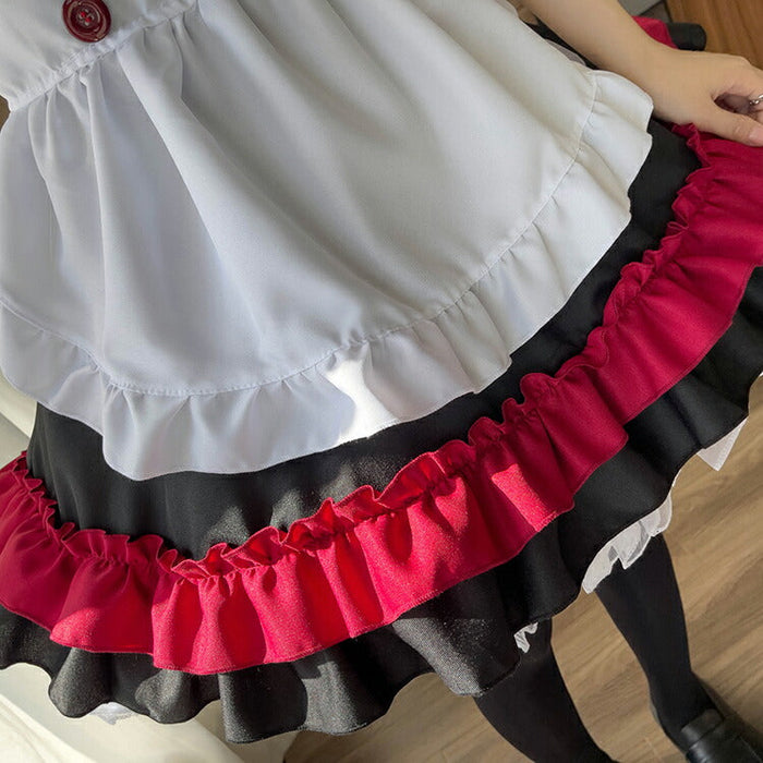 【5点セット】メイド服 赤 メイド 服 送料無料 コスプレ ハロウイーン ネコ クラシック メイドカフェ 制服 ユニフォーム 萌え系 撮影会 本格的 可愛い コスチューム 衣装 仮装 かわいい お茶会アイドル おしゃれ セット ウェイトレス クラシカル アニメ ゴスロリ ロリータ S-5XL