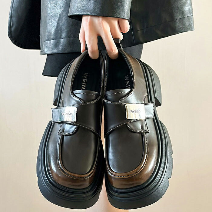 【7日内出荷】【5cmヒール 】厚底ローファー レディース パンプス PU 合皮 ストラップスクール ローファー ベルクロ 面ファスナー メタルプレート Uチップ チャンキーソール ボリュームソール 歩きやすい 身長アップ 美脚 学生 通学 通勤 制服コーデ 黒 茶色