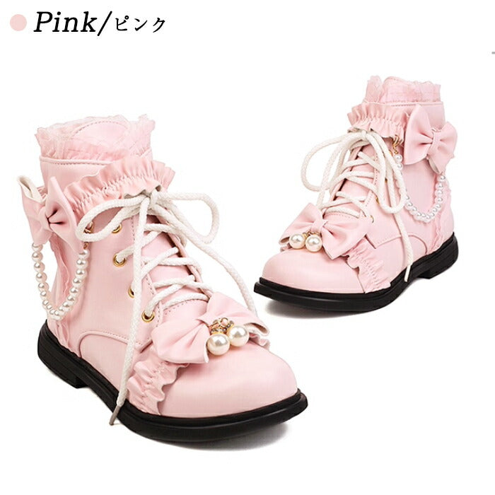【2cmヒール】ロリータ ブーツ レディース ショートブーツ 編み上げブーツ ローヒール 甘ロリ お姫様 森ガール ロリィタ靴 レース リボン パール 歩きやすい 疲れない サイドジップ おしゃれ かわいい お茶会 コスプレ 発表会 黒 ピンク 白 秋冬