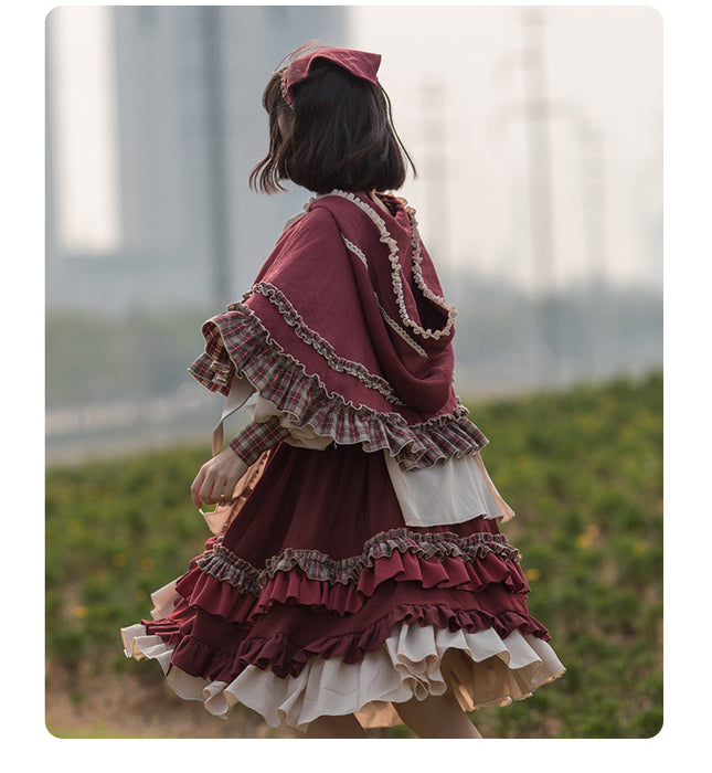 【7日内出荷】赤ずきん ロリータワンピース ワンピース ロリータドレス  マント付き 3点セット 三角巾付き 甘ロリ キュート 原宿 ガーリー 秋 冬