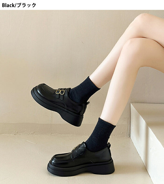 【7日内出荷】【5cmヒール】厚底ローファー レディース 黒 ブラック 革靴 レザー 合皮 バックル バックル 金具 Uチップ パンプス チャンキーソール ボリュームソール 歩きやすい 疲れにくい 美脚 脚長 おしゃれ OL 学生 通勤 通学 黒 茶色 秋冬 22.5 25.0