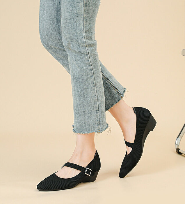 【7日内出荷】【3.5cmヒール】パンプス ニット メリージェーン レディース ストラップ ウェッジソール ローヒール 3.5cm スクエアトゥ 痛くない 歩きやすい 疲れない 柔らかい 脱げない 安定感 軽量 オフィス 通勤 フォーマル ママコーデ 小さいサイズ 春夏秋