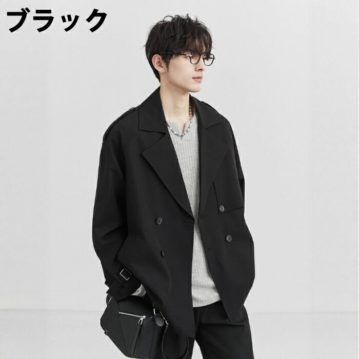 【M-3XL】トレンチコート メンズ ショート丈 ジャケット アウター オーバーサイズ ビッグシルエット ゆったり ダブルブレスト ライトアウター スプリングコート カジュアル 韓国 ファッション おしゃれ 通勤 通学 春 秋 服 黒 ベージュ 大きいサイズ