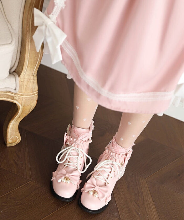 【2cmヒール】ロリータ ブーツ レディース ショートブーツ 編み上げブーツ ローヒール 甘ロリ お姫様 森ガール ロリィタ靴 レース リボン パール 歩きやすい 疲れない サイドジップ おしゃれ かわいい お茶会 コスプレ 発表会 黒 ピンク 白 秋冬