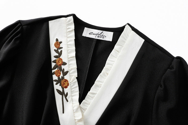 【7日内出荷】ワンピース ロングワンピース 刺ワンピース Aライン ワンピ ロングワンピ ロング マキシワンピース vネック 無地 きれいめ マキシ レイヤード風 長袖 大きいサイズ 重ね着風 秋 冬