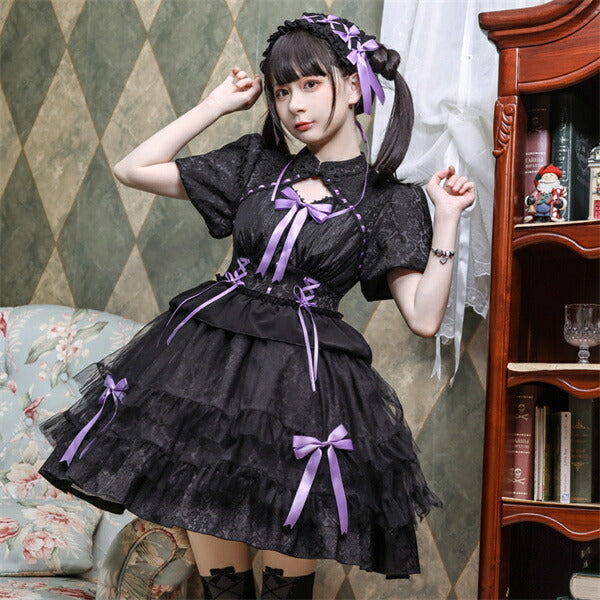 【7日内出荷】ロリータワンピース ホワイト 白 レディース lolita リボン ロリータ 袖付き 膝丈 小柄 可愛い 着瘦せ 仮装 コスプレ コスチューム 小柄 可愛い 学生 女の子 ゴスロリ  仮装 パーティ イベント ロリィタファッション フリル