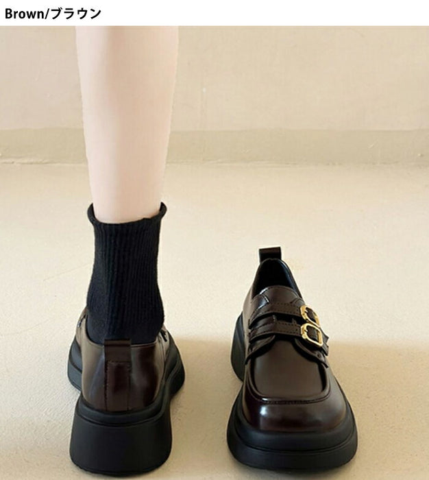 【7日内出荷】【5cmヒール】厚底ローファー レディース 黒 ブラック 革靴 レザー 合皮 バックル バックル 金具 Uチップ パンプス チャンキーソール ボリュームソール 歩きやすい 疲れにくい 美脚 脚長 おしゃれ OL 学生 通勤 通学 黒 茶色 秋冬 22.5 25.0