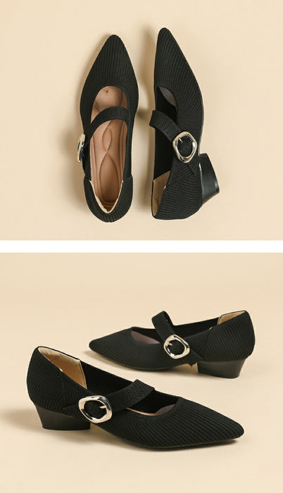 【7日内出荷】【3cmヒール】パンプス レディース 痛くない 歩きやすい ニット メリージェーン ポインテッドトゥ ローヒール 3cm チャンキーヒール 疲れない 柔らかい 脱げない 美脚 靴 軽量 オフィス 通勤 フォーマル 結婚式 母の日 大きいサイズ 黒 春 夏 秋