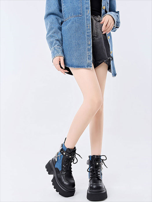 【7日内出荷】ショートブーツ 厚底 レースアップブーツ レディース 太ヒール パンク風 チェーン付き 編み上げ おしゃれ 秋ブーツ ラウンドトゥ 靴 痛くない 履きやすい ゆったり サイドジップ シンプル 美脚 人気 春夏秋冬 韓国 通勤 合皮 原宿系 細見え 黒 青 ハロウィン ロック ゴスロリ