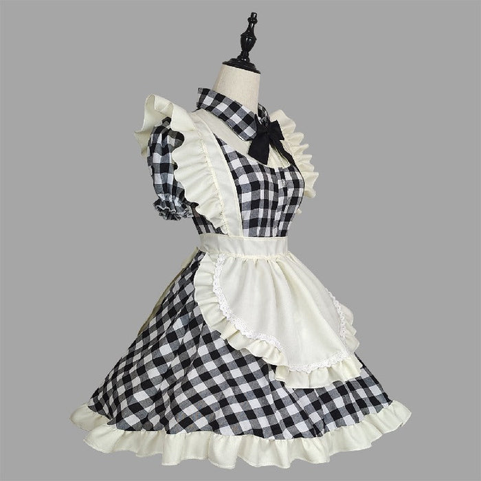 【7日内出荷】4点セット　チェックメイド服 ミニ丈 メイド喫茶 メイドコスチューム ジャパニーズメイド ミニスカ ハロウィン 衣装 仮装 パーティ コスプレ フルセット 可愛い 萌え