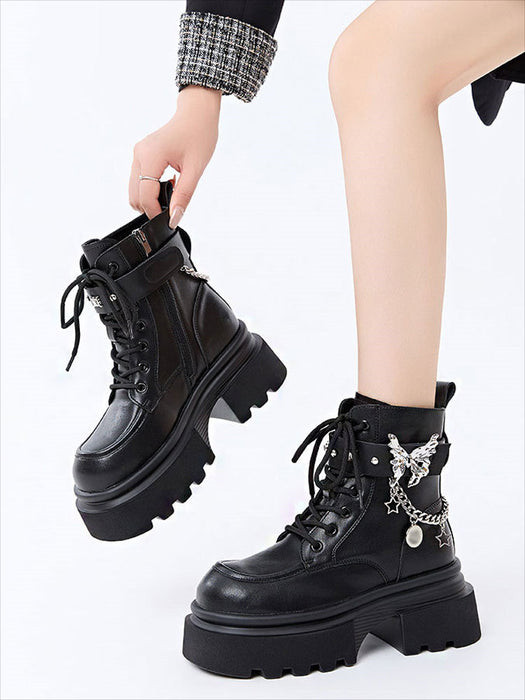 【7日内出荷】ショートブーツ 厚底 レースアップブーツ レディース 太ヒール パンク風 チェーン付き 編み上げ おしゃれ 秋ブーツ ラウンドトゥ 靴 痛くない 履きやすい ゆったり サイドジップ シンプル 美脚 人気 春夏秋冬 韓国 通勤 合皮 原宿系 細見え 黒 青 ハロウィン ロック ゴスロリ