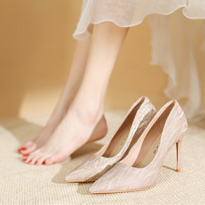 【7日内出荷】【5cm~9cmヒール】結婚式 パンプス 歩きやすい 疲れない キラキラ ラメ グリッター ポインテッドトゥ ピンヒール  ミドルヒール ハイヒール レディース パーティー お呼ばれ 二次会 ウェディング 花嫁 美脚 脚長 上品 シルバー ピンクゴールド